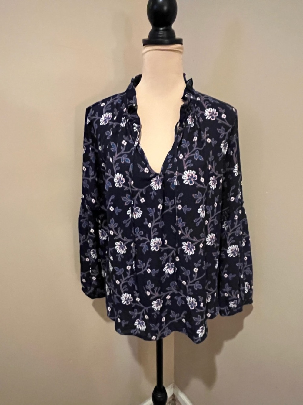 LOFT Navy Floral Ruffled V-Neck Blouse